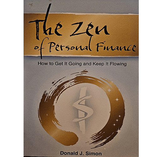 The cover of The Zen of Personal Finance features an artistic circular brushstroke surrounding a dollar symbol, evoking harmony and balance, set against a golden background with black calligraphy.